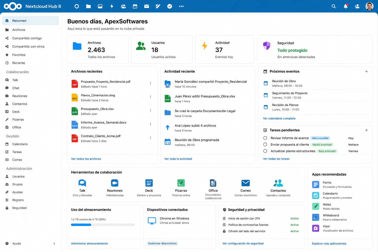 Captura de pantalla de Nextcloud Hub 8 en español mostrando una nube privada para PYMEs con almacenamiento centralizado, colaboración, acceso remoto seguro y control total de los datos empresariales